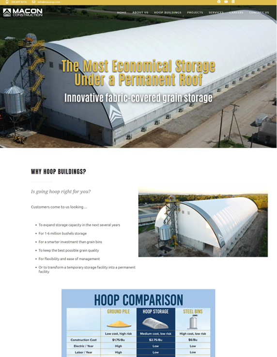 Aerial photo of white fabric-covered storage building with "Macon Construction" logo.