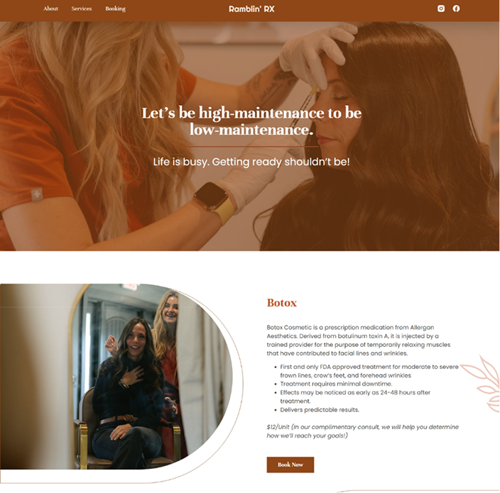 Aesthetician administering injection, brown and white theme, promotional text for Botox services.