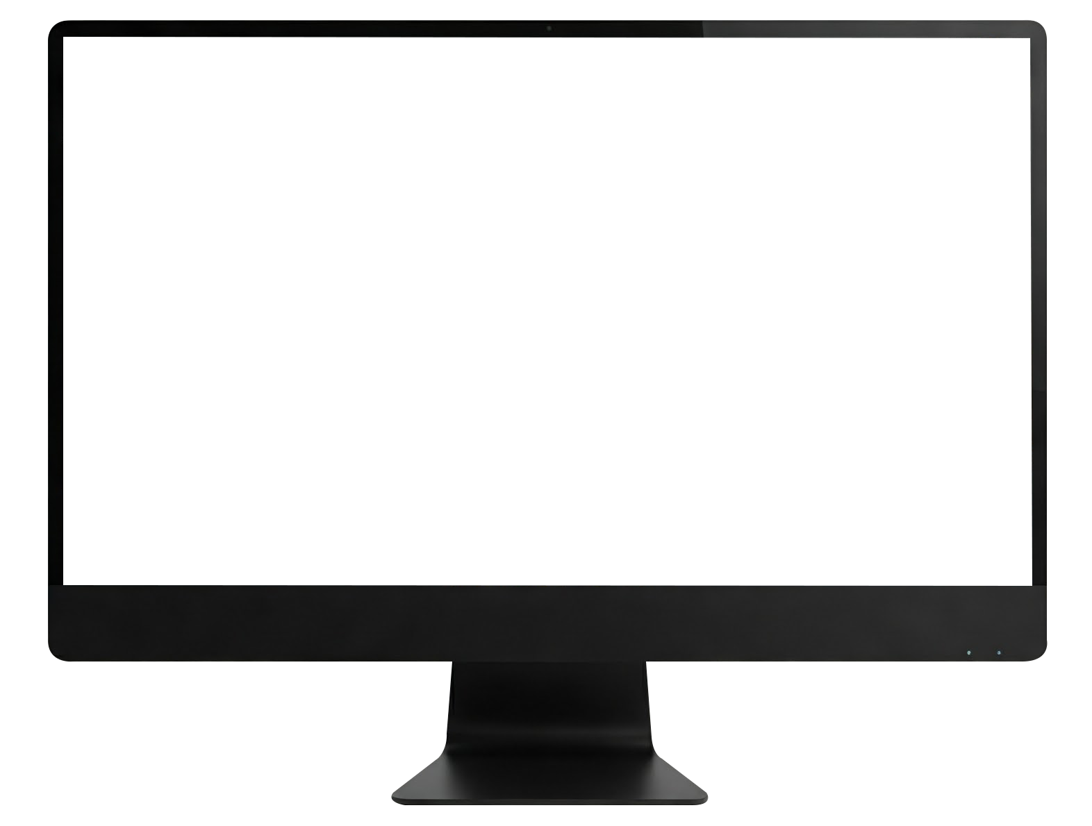 Black computer monitor with a blank white screen, photographed against white background.