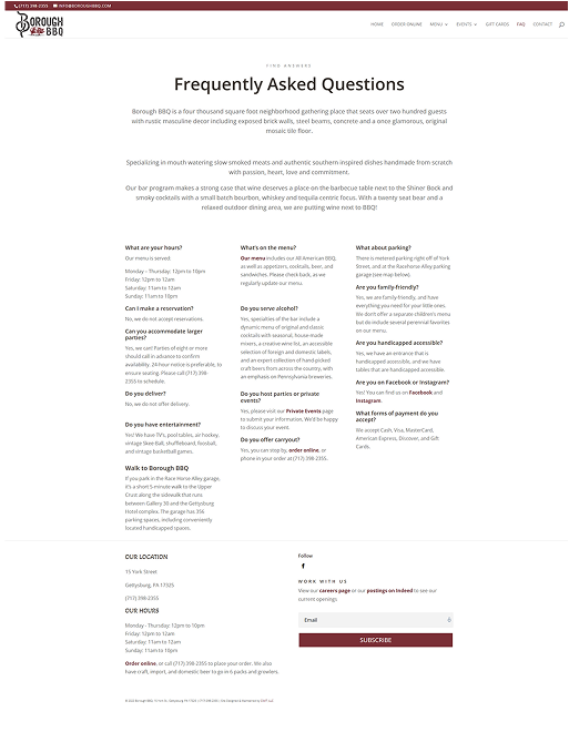 Borough BBQ FAQ webpage with maroon header, white background, and detailed text.