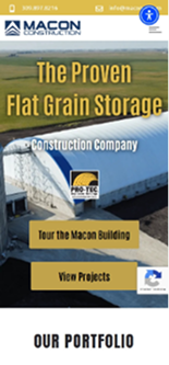 Construction company website screenshot featuring grain storage, blue and yellow text/logos.