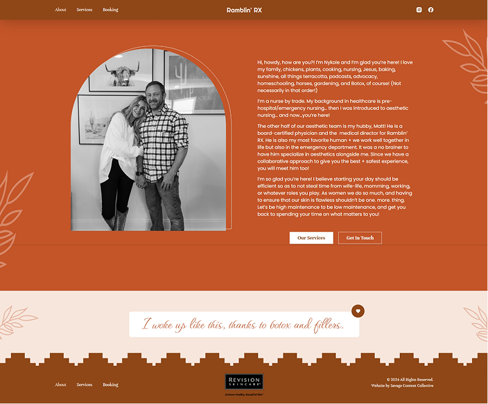 Couple posing in black and white photo on orange-themed website, "Ramblin' RX."