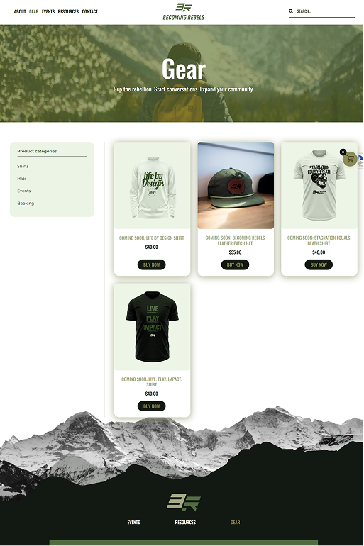 E-commerce webpage featuring clothing items, green and white theme, "Becoming Rebels" logo.