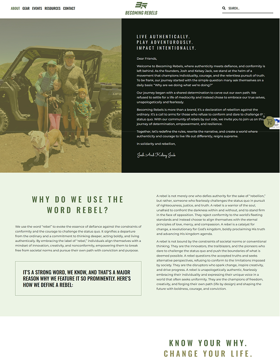 Family with dog poses by vehicle; green and black website with "Becoming Rebels"