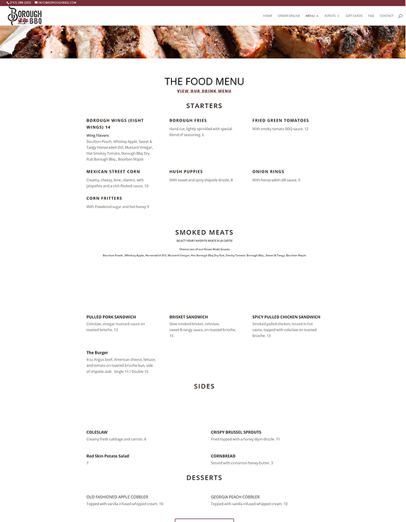 Food menu webpage featuring starters, smoked meats, sides, and desserts, Borough BBQ logo.