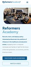 Group discussion in modern office, blue text "Reformers Academy," website screenshot.
