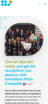 Group of students posing, colorful text below, website screenshot with "InnoVators Pitch Competition."