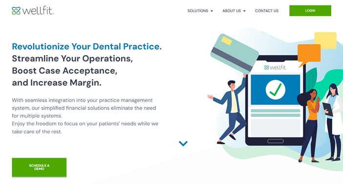 Illustration of people with phone, featuring Wellfit logo and dental practice text.