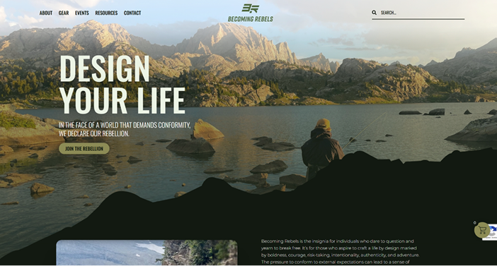 Mountain lake scene with person, "Design Your Life" text, Becoming Rebels logo.