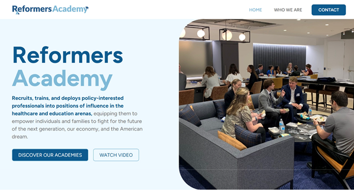 People conversing in modern office lounge; "Reformers Academy" text in blue.