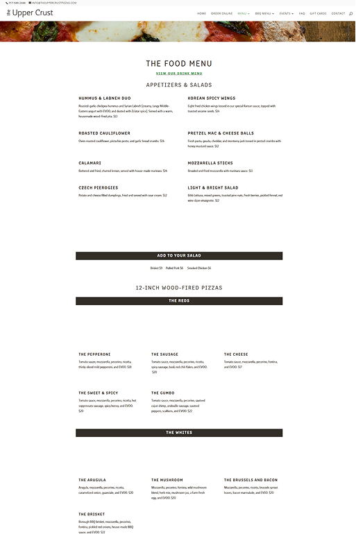 Restaurant menu featuring appetizers and pizzas, white background, digital format, "Upper Crust" logo.