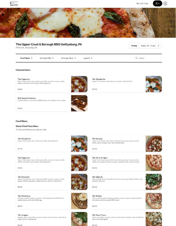 Restaurant menu webpage displaying pizzas with images, prices, and detailed descriptions.