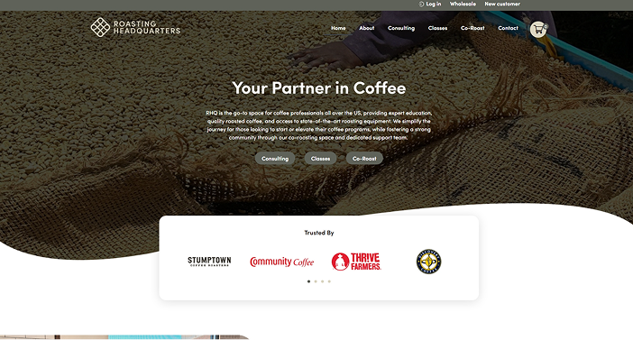 Roasting Headquarters website screenshot with coffee beans, logos, and navigation menu.