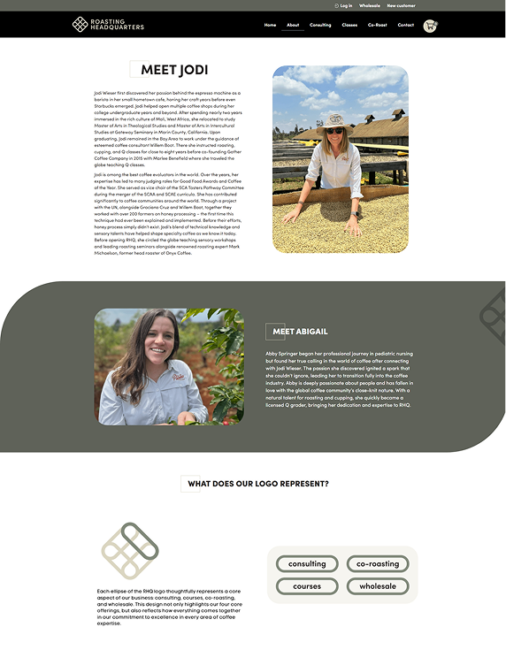 Webpage featuring Jodi and Abigail, wearing white shirts, with Roasting Headquarters logo.