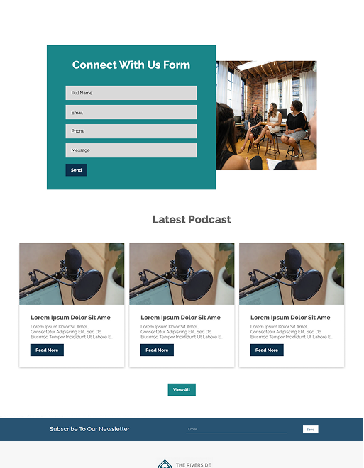 Webpage screenshot featuring a teal contact form, podcast section, and newsletter subscription.