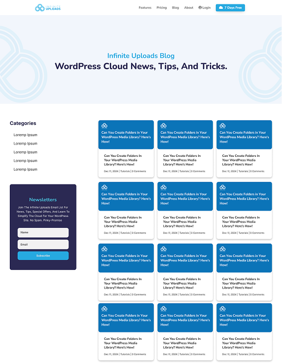 Webpage screenshot featuring blue and white blog layout with "Infinite Uploads Blog" text.