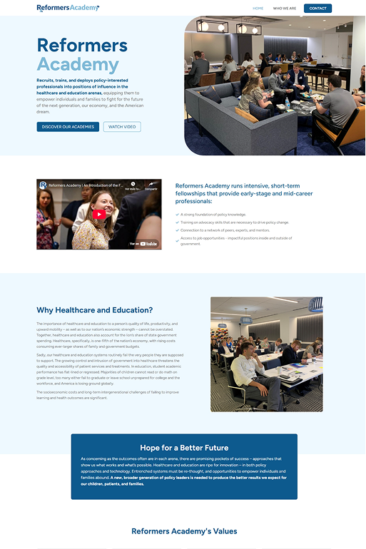 Webpage screenshot featuring Reformers Academy logo, people in discussion, blue text.