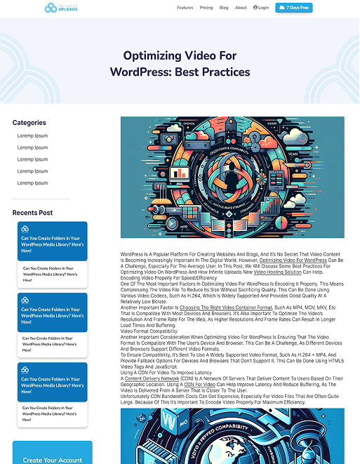 Webpage screenshot featuring video optimization article, blue illustration, and "7 Days Free" text.