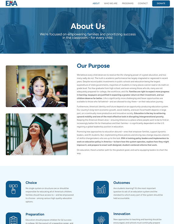 Website screenshot featuring "About Us" section, blue and white theme, ERA logo.
