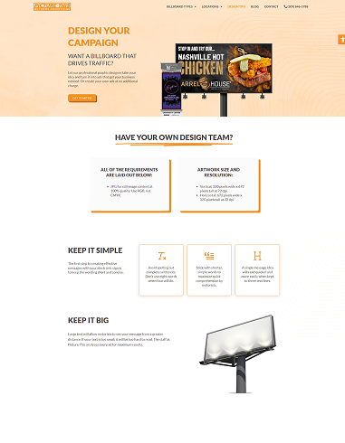 Website screenshot featuring billboard design tips, orange accents, and prominent "DESIGN YOUR CAMPAIGN"