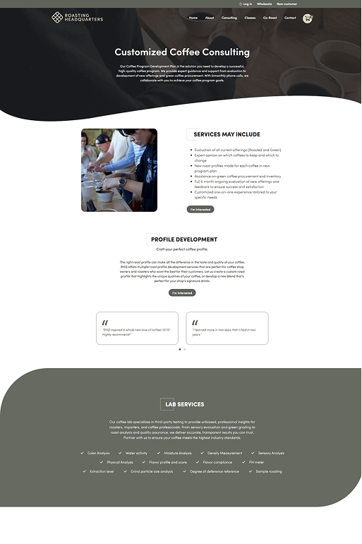 Website screenshot featuring coffee consulting services, with black and white text, logos.