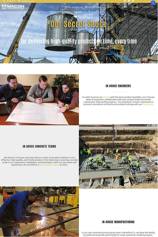 Website screenshot featuring construction projects, engineers, and workers with "MACON Construction" logo.