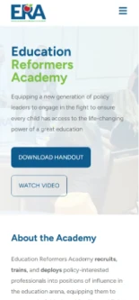 Website screenshot featuring "Education Reformers Academy" text, blue buttons, ERA logo.