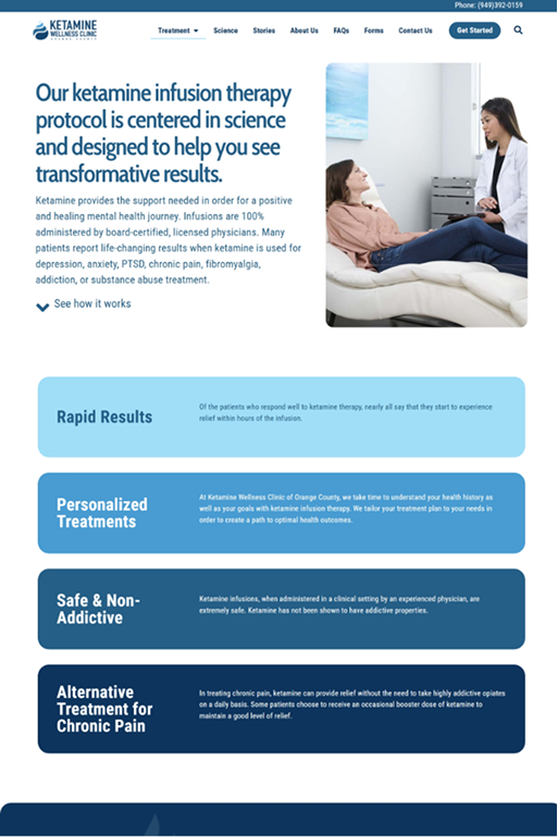 Website screenshot featuring ketamine therapy information, blue and white color scheme, text blocks.