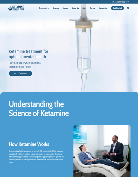 Website screenshot featuring ketamine treatment information with IV drip and consultation image.