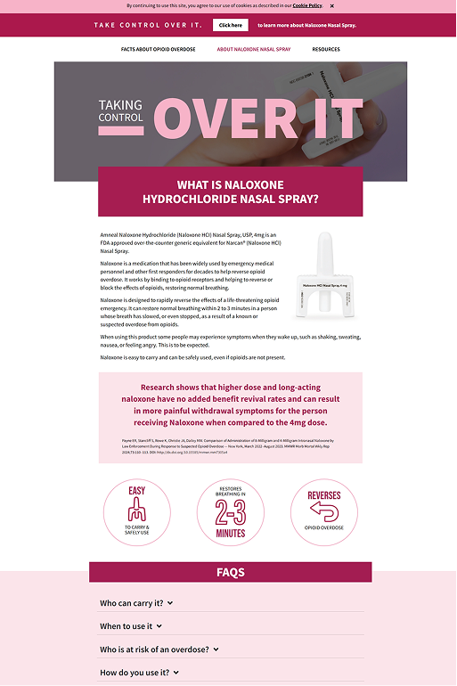 Website screenshot featuring naloxone nasal spray information, pink and white design elements.