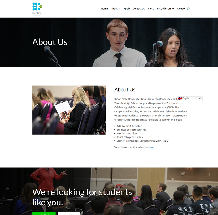 Website screenshot featuring students speaking, "About Us" text, and InnovateVary logo.