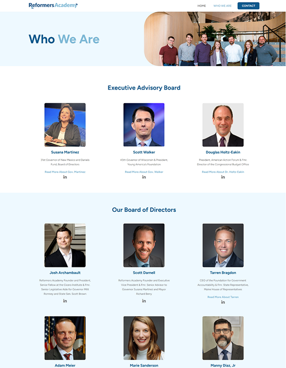 Website screenshot featuring "Who We Are," with board members' photos and names.