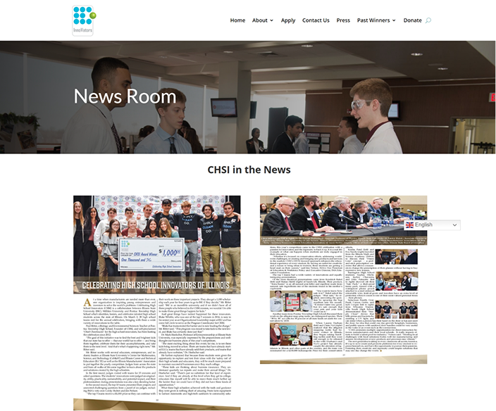 Website screenshot showing people conversing, "News Room" text, and CHSI article.