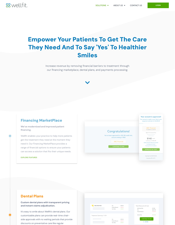 Website screenshot with blue text headline, Wellfit logo, and green login button.