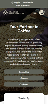 Website screenshot with coffee beans, "Roasting Headquarters" logo, and navigation buttons.