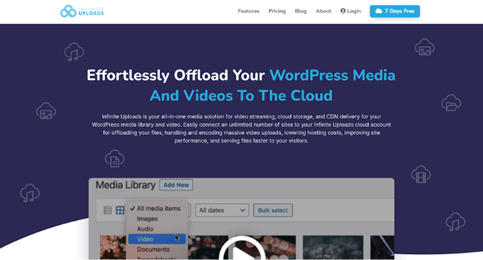 Website screenshot with Infinite Uploads logo, promoting WordPress media cloud storage.