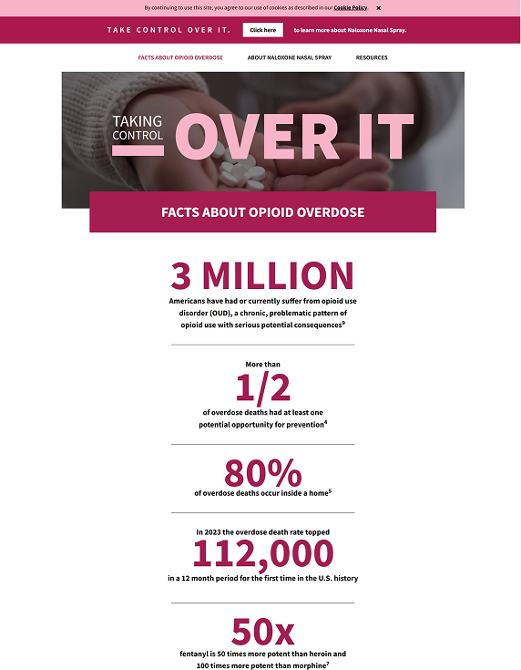 Website screenshot with opioid overdose statistics, featuring maroon and white text.