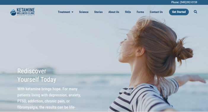 Woman with arms outstretched, striped shirt, "Ketamine Wellness Clinic" logo, website screenshot.