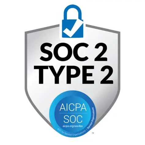 SOC 2 Type 2 shield with blue lock icon, AICPA SOC logo.